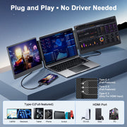 Laptop Screen Extender, 14" FHD 1080P Triple Portable Monitor for 13"-16.1" Laptops, Ultra-Slim IPS Display with Built-In Stand & Dual Speakers, Hdmi/Type-C/Usb-A Plug and Play, Travel/Home/Office