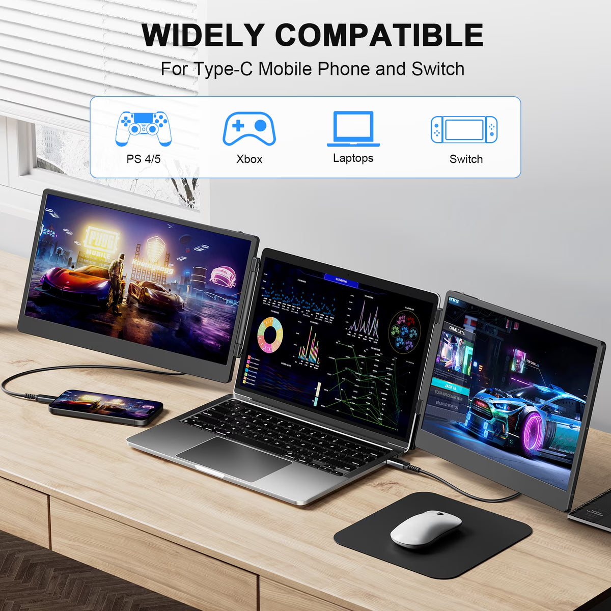 Laptop Screen Extender, 14" FHD 1080P Triple Portable Monitor for 13"-16.1" Laptops, Ultra-Slim IPS Display with Built-In Stand & Dual Speakers, Hdmi/Type-C/Usb-A Plug and Play, Travel/Home/Office