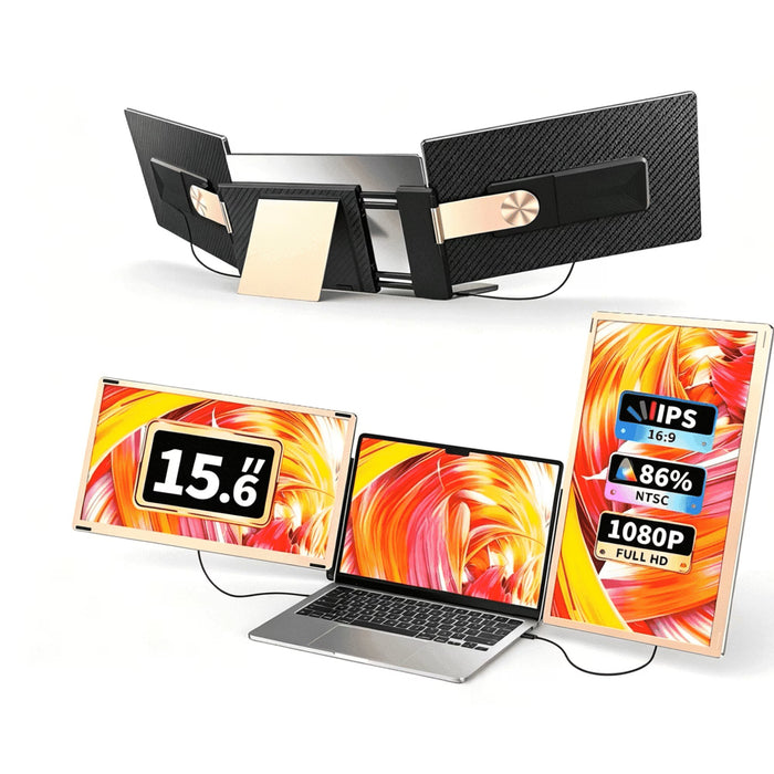 Laptop Screen Extender, 14" FHD 1080P Triple Portable Monitor for 13"-16.1" Laptops, Ultra-Slim IPS Display with Built-In Stand & Dual Speakers, Hdmi/Type-C/Usb-A Plug and Play, Travel/Home/Office