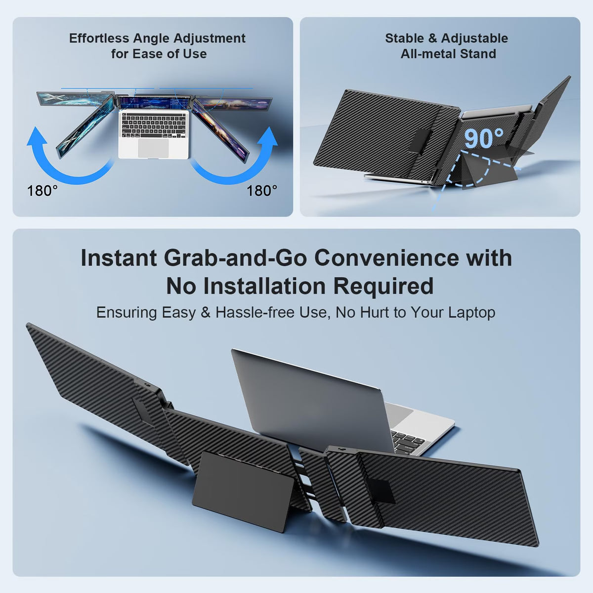 Laptop Screen Extender, 14" FHD 1080P Triple Portable Monitor for 13"-16.1" Laptops, Ultra-Slim IPS Display with Built-In Stand & Dual Speakers, Hdmi/Type-C/Usb-A Plug and Play, Travel/Home/Office